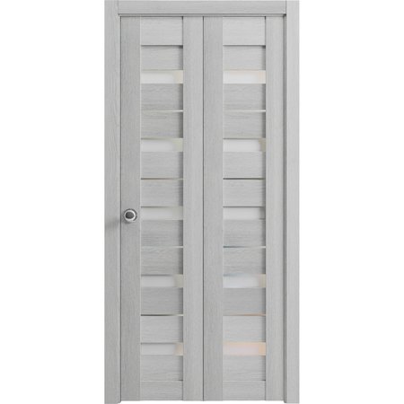 SARTODOORS Sliding Closet Bi-fold Doors 84 x 80in, Quadro 4445 Light Grey Oak W/ Frosted Glass, Sturdy Tracks QUADRO4445BF-OAK-84